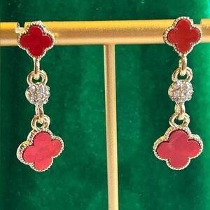 Elegant Red and Silver Clover Pierced Dangle Earrings